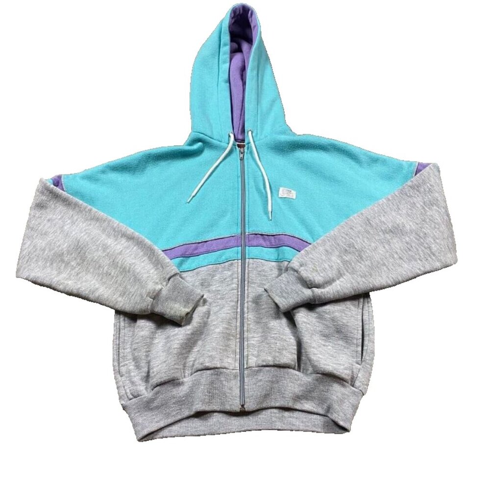Vintage 80s Nike Blue Purple Gray Colorblock Zip Hoodie Sweatshirt Size Large